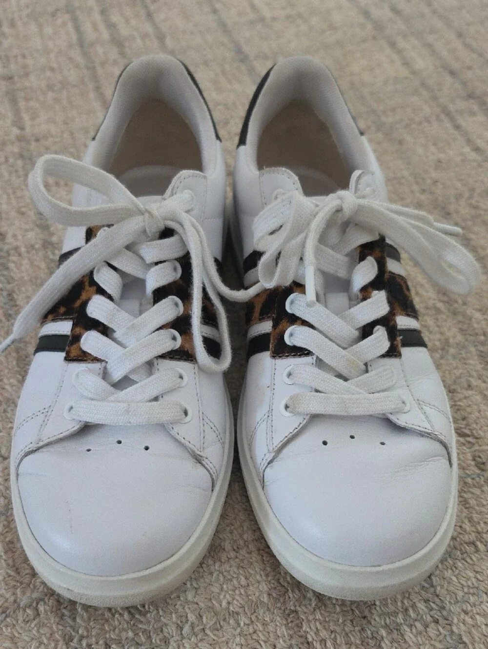 Tory Burch White Leather Sneakers with Leopard Print and Black Trim
